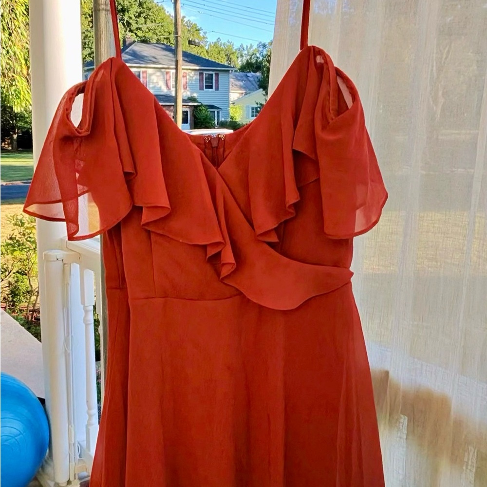 Elegant Rust Ruffle Dress - Picture 3 of 6
